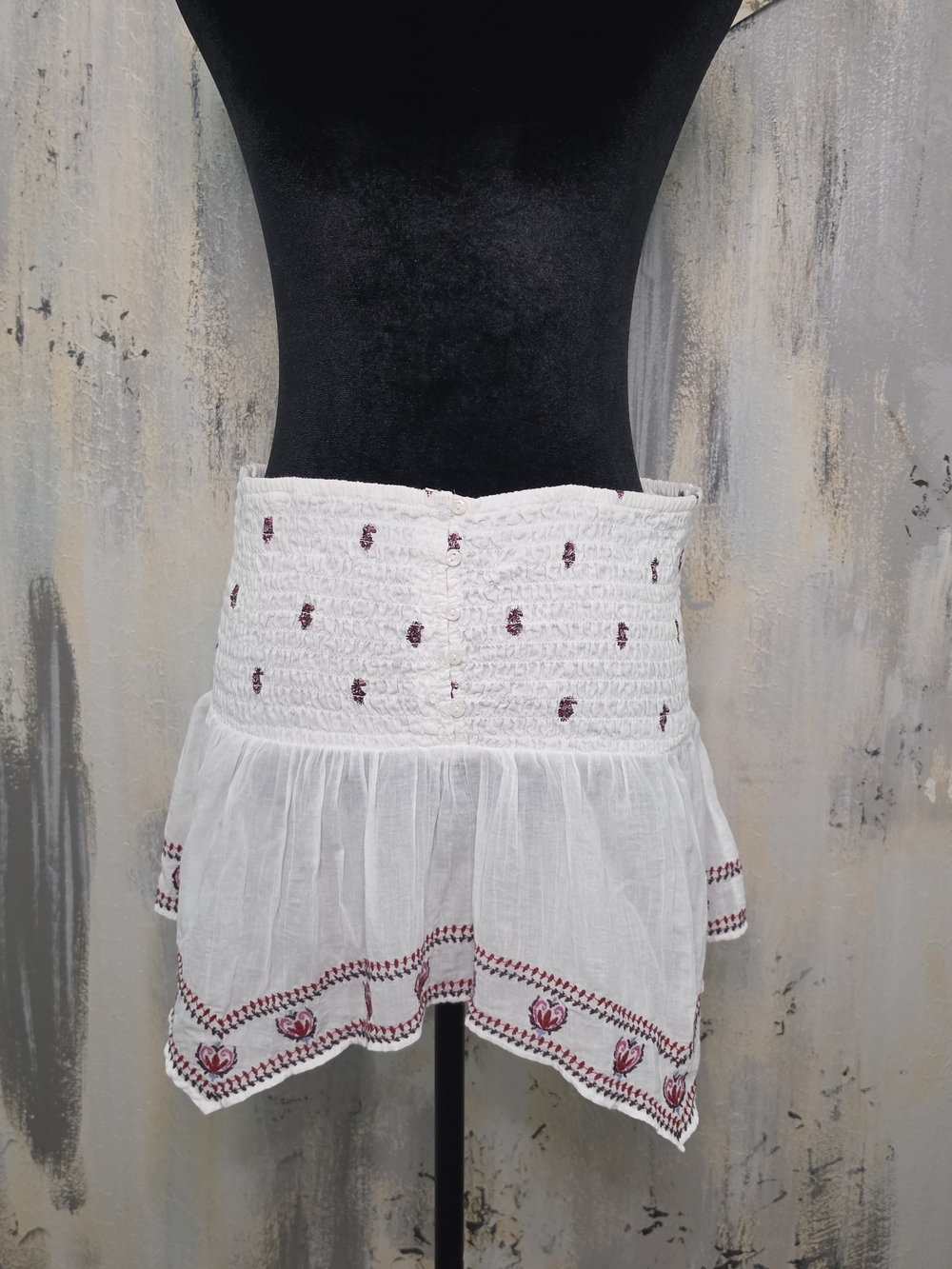 American Eagle Outfitters White Mini Skirt with Red Embroidered Accents